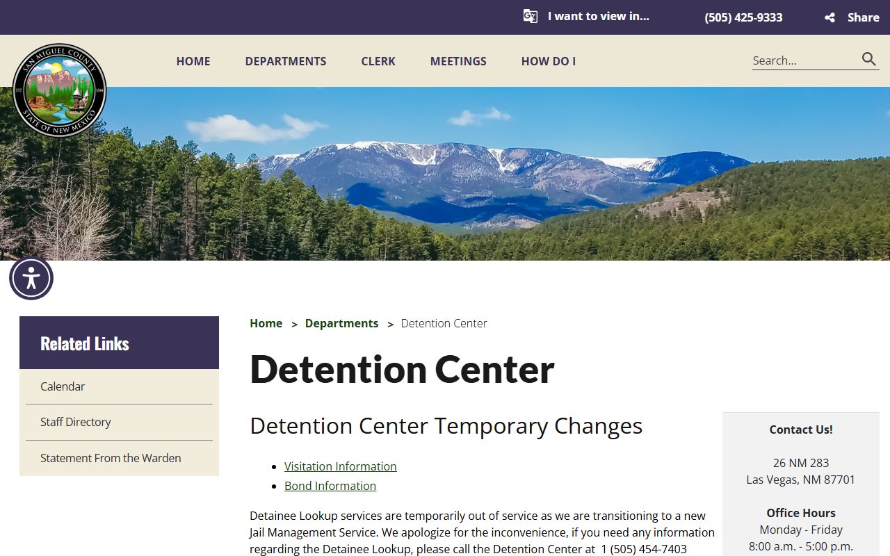San Miguel County Detention Center inmate lookup and visitation page