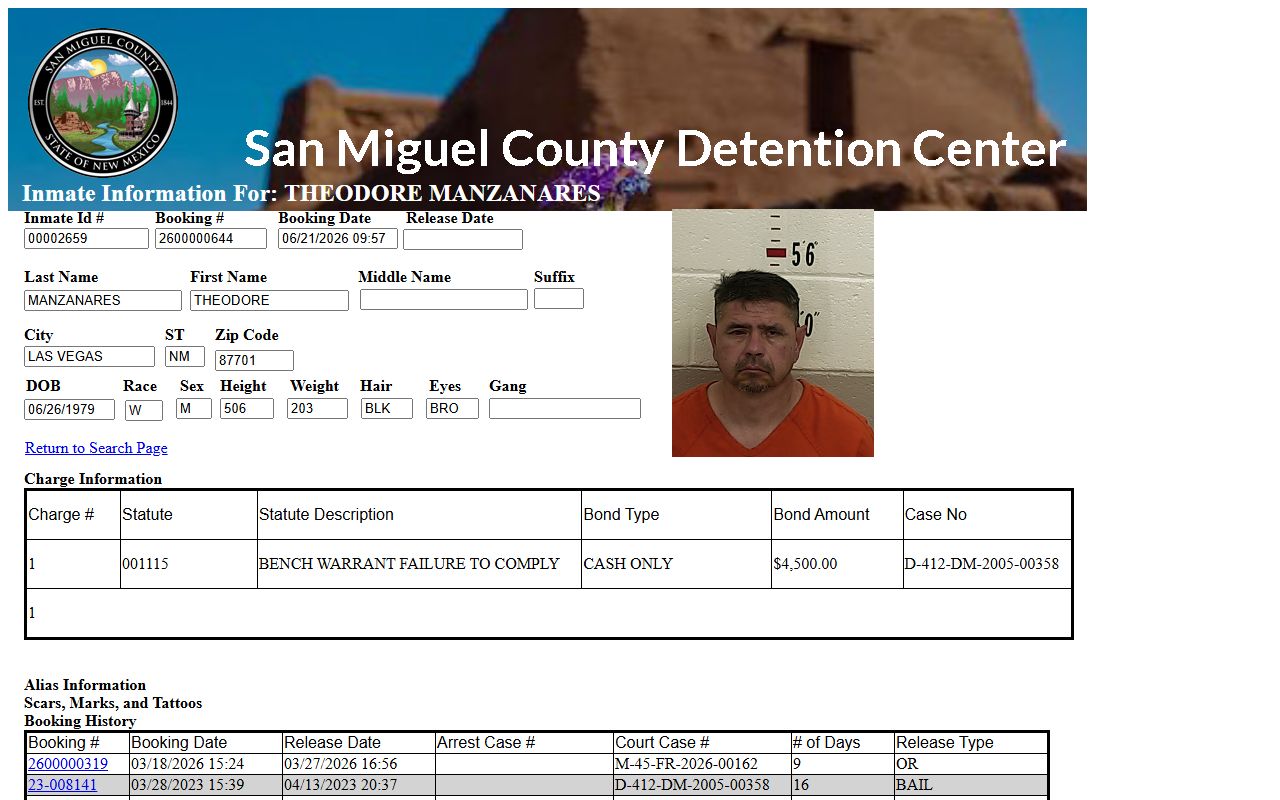 San Miguel County inmate records detail profile fields for booking charges and bond